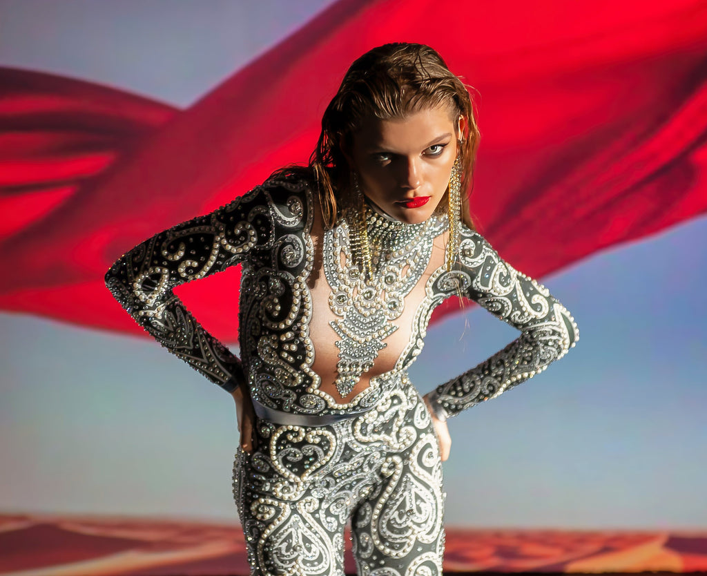 Venus Black Rhinestone Bodysuit | Pearl Crystal Baroque Festival Catsuit &amp; Stage Jumpsuit – Manifestie