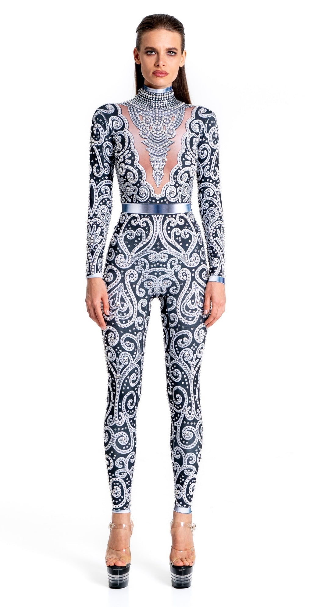 Venus Black Rhinestone Bodysuit | Pearl Crystal Baroque Festival Catsuit &amp; Stage Jumpsuit – Manifestie