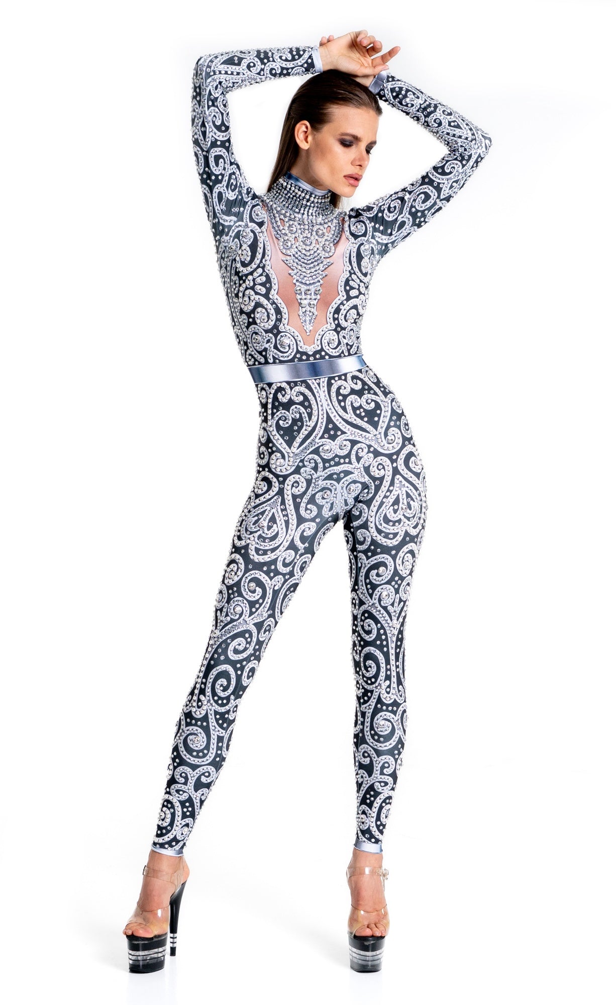Venus Black Rhinestone Bodysuit | Pearl Crystal Baroque Festival Catsuit &amp; Stage Jumpsuit – Manifestie