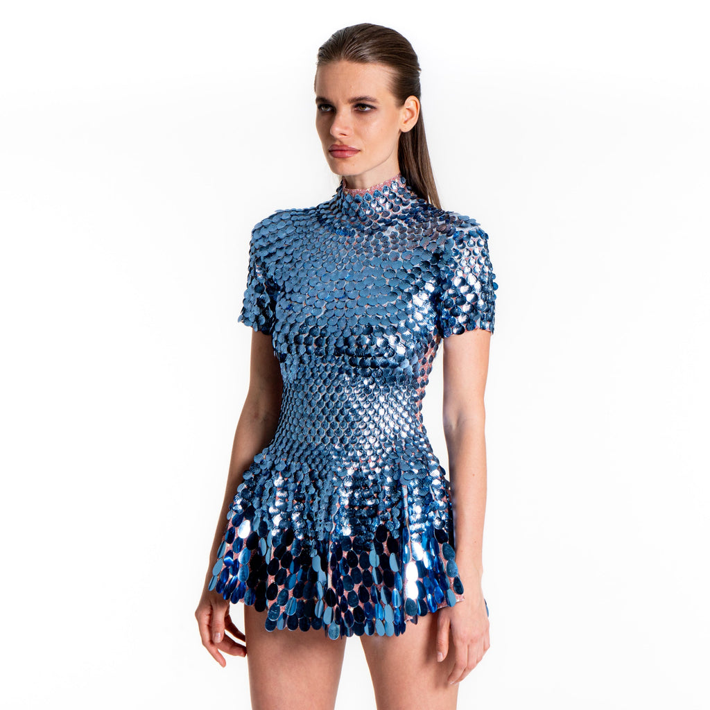 Helen Blue Sequin Mini Dress | Metallic Mermaid Seashell Festival & Party Outfit – Manifestie