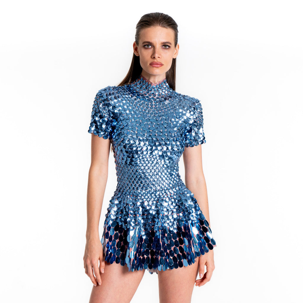 Helen Blue Sequin Mini Dress | Metallic Mermaid Seashell Festival & Party Outfit – Manifestie