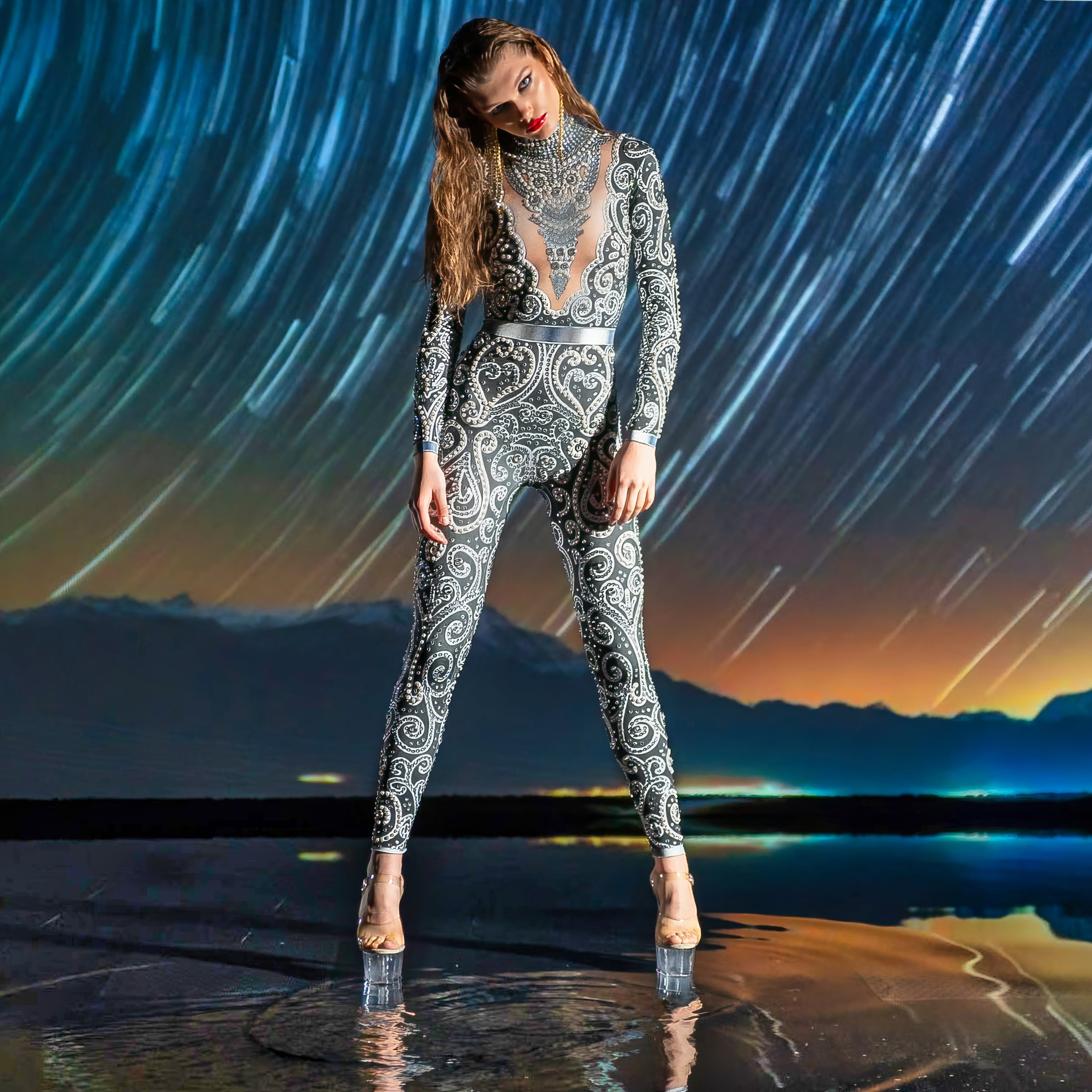 Venus Black Rhinestone Bodysuit | Pearl Crystal Baroque Festival Catsuit &amp; Stage Jumpsuit – Manifestie