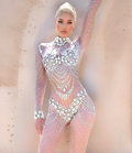 Jasmine Rhinestone Jumpsuit | Nude + Silver Diamond Crystal Bodysuit & Festival Rave Catsuit – Manifestie