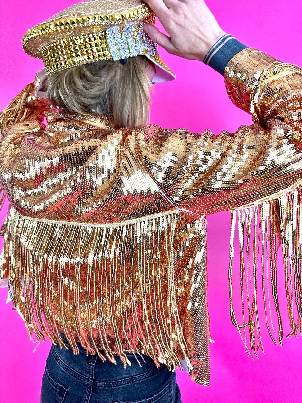 Unisex Gold Sequin Jacket, Disco Jacket, Vintage Fringed Coat, Boho Tinsel Jacket with Tassels, Western Jacket, Bohemian Party Jacket